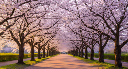 Captivating avenue of blooming cherry blossom trees in stunning springtime beauty landscape