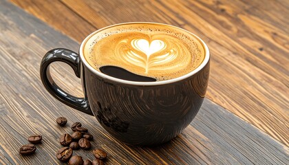 A rich, dark coffee beverage with a heart-shaped latte art design sits on a wooden table.