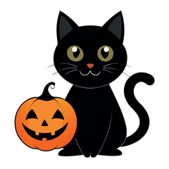 Charming black cat companion sitting beside a smiling jack-o'-lantern, creating a delightful and festive Halloween illustration for seasonal celebrations and spooky designs.