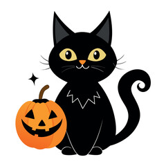 Cute Black Cat with Halloween Pumpkin