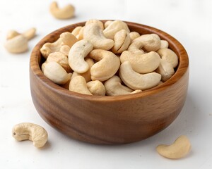 A wooden bowl filled with cashew nuts on white background
