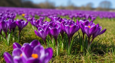 Fototapeta premium Vibrant Purple Crocus Field in Soft Sunlight, Celebrating Spring's Arrival
