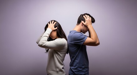 A young man and woman stand back to back, hands on their heads, expressing stress or frustration.