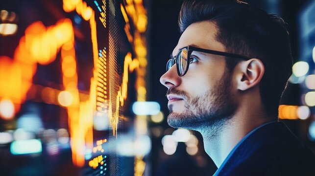 Business professional gazing at financial data, tech and economic analysis scene