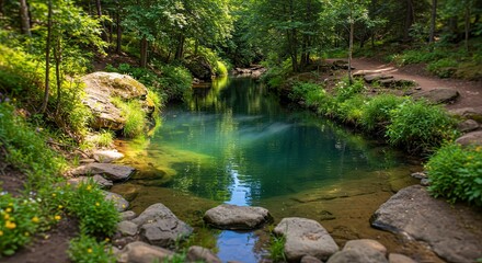 Naklejka premium Tranquil Forest Pond: Emerald Waters, Lush Greenery, Serene Nature Scene.