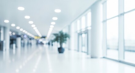 Obraz premium Blurred interior of a modern airport terminal with bright lighting, empty space, and potted plant