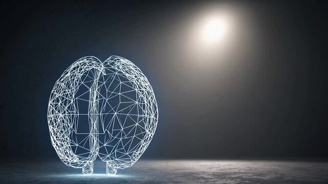 Illuminated Wire Frame Artificial Intelligence Brain Symbol with Beam of Light Descending onto Dark Concrete Floor in 3D Rendered