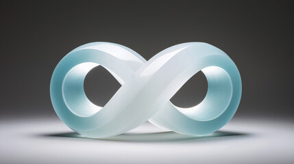 Translucent infinity loop sculpture with glowing blue light on a dark background. Futuristic, abstract design ideal for tech branding, digital art, or conceptual advertising.