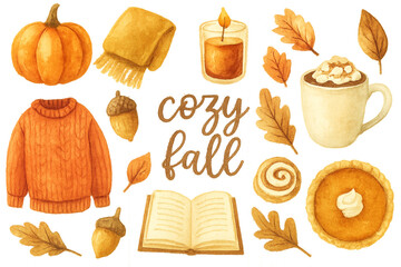 Watercolor Cozy Fall Season Clipart Set: Hand-Drawn Autumn Elements