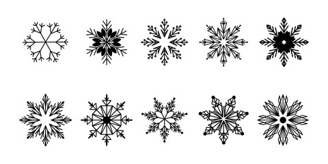 Collection of 10 unique black snowflake silhouettes in various geometric and decorative styles, isolated on a white background
