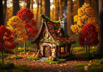 Fototapeta premium Miniature Witch’s Cottage in Autumn Forest: Enchanted Halloween Scene