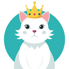 Majestic White Cat Adorned with a Golden Crown, A Royal Feline Portrait