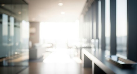 Bright and airy modern office interior with blurred background, showcasing a workspace and natural light