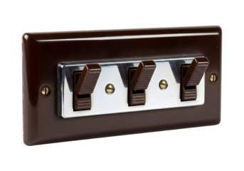 Vintage brown toggle light switch isolated on transparent background, a retro electrical fixture with chrome panel for classic home interior design