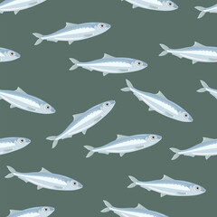 Sardine seamless pattern. Sea life background. Vector cartoon flat illustration of fish. 