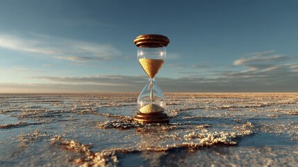 Hourglass with glowing sand standing tall against a clear blue sky, elegant and timeless symbol of passing time, patience, eternity, balance, meditation and philosophical concept