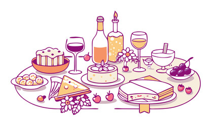 Whimsical wine party and food, cheese line art sketch set. Whimsy Mediterranean dinner table settings summer doodle elements, Wedding coquette outline vector illustration on white.