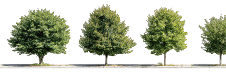 Four trees line a street