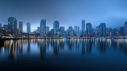 Obraz premium City skyline reflected in calm water at dawn.