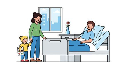 A family visits a patient in a hospital room, offering support and care.