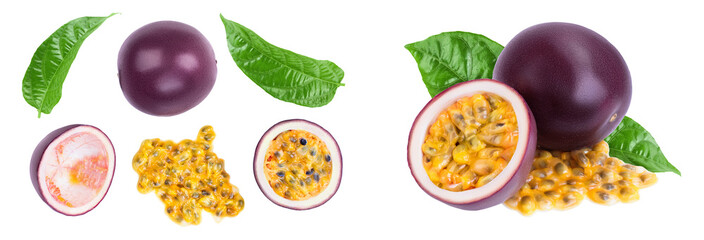 passion fruits and half isolated on white background. maracuya. Top view. Flat lay