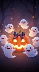 Obraz premium Colorful Halloween ghosts surrounding glowing jack-o'-lantern in forest 