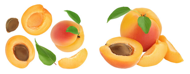 apricot fruit with half and slices isolated on white background. . Top view with copy space for your text. Flat lay