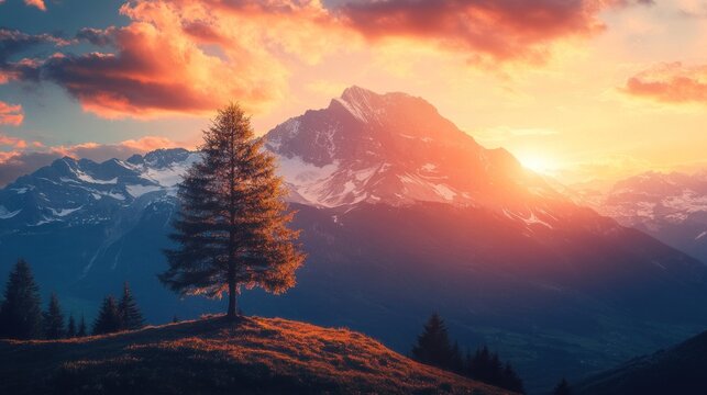 Solitary pine tree on a hilltop silhouetted against a vibrant sunset over majestic snow-capped mountains.