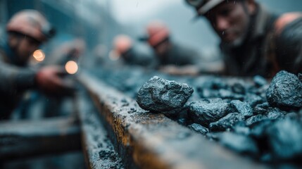 Close-up of Coal on Conveyor Belt with Miners Working in Background, Depicting Mining Industry and Fossil Fuel Extraction