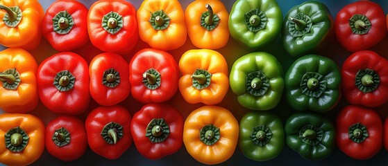 Fototapeta premium Rows of vibrant mini sweet bell peppers arranged in a colorful gradient from red to orange to green