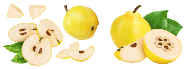 Fresh quince half with slices isolated on the white background with full depth of field. Top view....