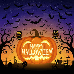 Happy Halloween Pumpkin Jack O Lantern Bats Owls