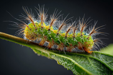 Fototapeta premium A swarm of hairy caterpillars devouring tree leaves, close-up macro detail, contrasting green and brown colors, realistic