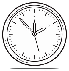 Black and white line art illustration of a classic round analog clock with hands and dial markings.