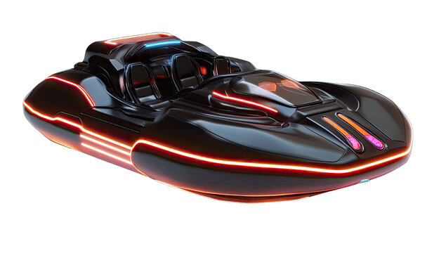 Futuristic, sleek, black vehicle with neon lighting