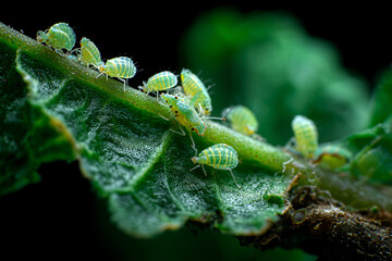 A group of small green caterpillars are eating fresh leaves in macro detail, the texture of the leaves looks damaged, the natural background is blurred.