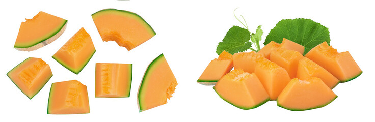 Cantaloupe melon slices isolated on white background with full depth of field. Top view. Flat lay