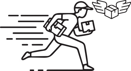 Fast Delivery Courier Running with Packages: Line Art Illustration, Urgent Shipping Concept