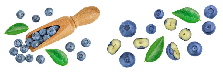 blueberry in wooden scoop isolated on white background. Top view. Flat lay.