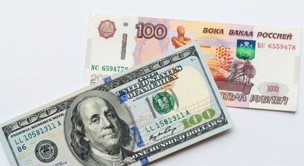 One hundred dollar bill and one thousand ruble banknote isolated on white background