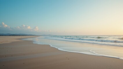 Obraz premium Calm and Tranquil Beach at Sunset with Gentle Waves Lapping at the Shoreline