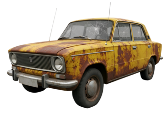 Rusted Yellow Vintage Sedan with Cracked Glass and Antennas