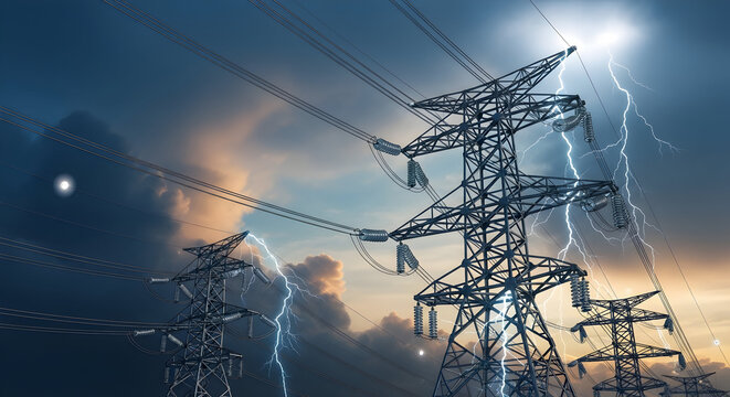 Dynamic lightning strikes illuminate power lines against a dramatic sky, energy concept
