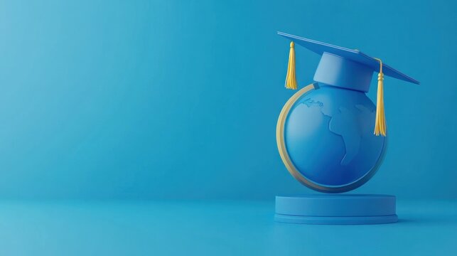 Graduation cap on a globe, global education concept.