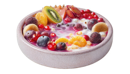 Vibrant fruit bowl with a purple liquid base