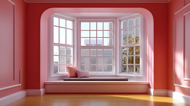 Bright and Cozy Interior Featuring a Pink Window Seat with Natural Light and Modern Decor