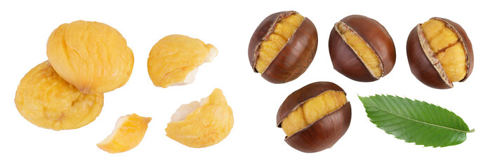 roasted peeled chestnut isolated on white background wit full depth of field. Top view. Flat lay