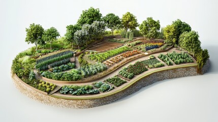 Cross-section 3D visual of a permaculture irrigation system with contour planting, sustainable land and water management design.