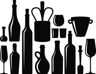 Collection of wine bottles, drinking glasses, cocktail shaker, liquor containers, bar accessories, silhouette vector illustration for restaurant, pub, party, celebration design