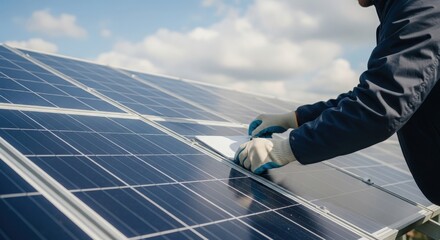 Technician cleaning solar panels under a clear blue sky, enhancing energy efficiency for sustainability